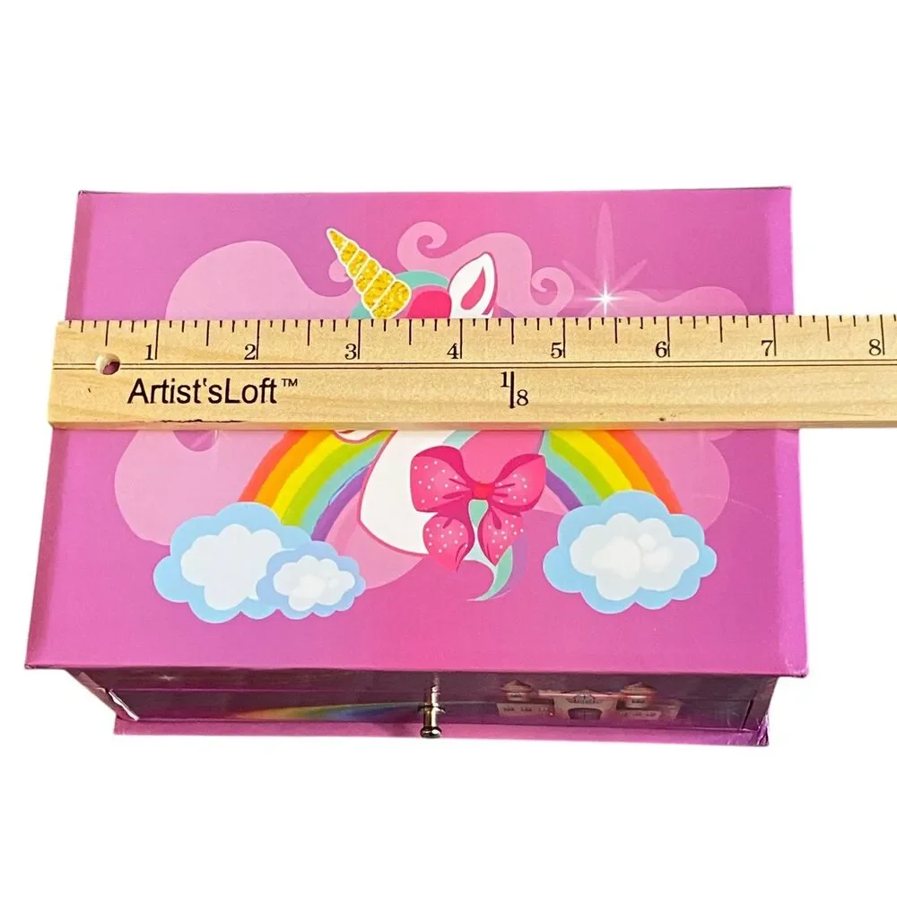 Pink Unicorn Rainbow Music Jewelry Box With Drawer Mirror Rhinestone Unicorn